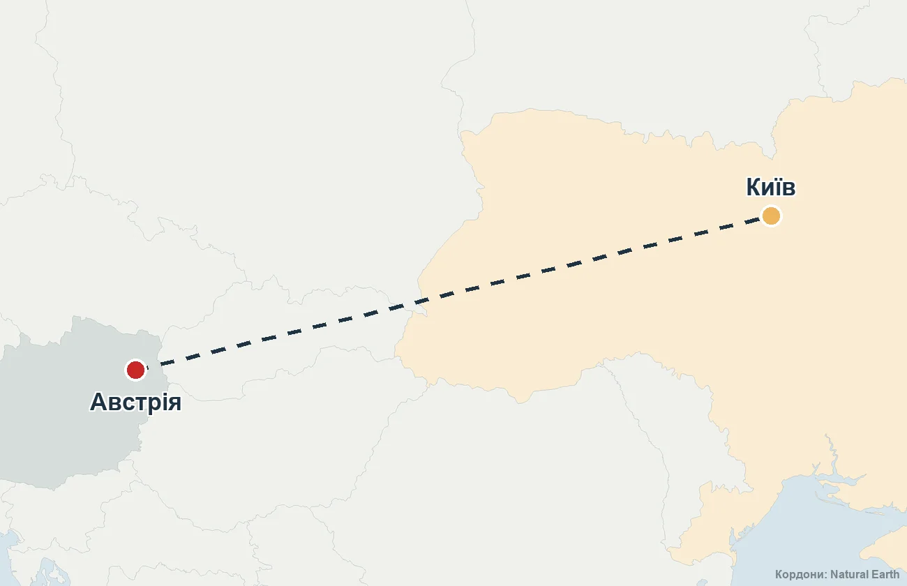 Карта маршруту репатріації з Австрії до України