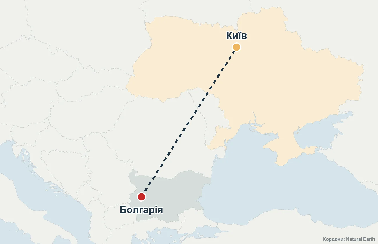 Карта маршруту репатріації з Болгарії до України