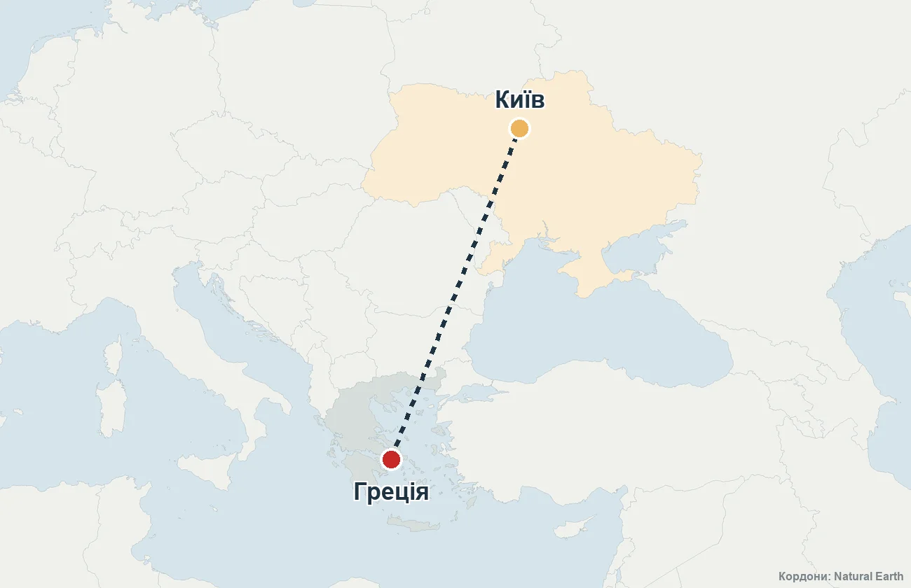 Карта маршруту репатріації з Греції до України