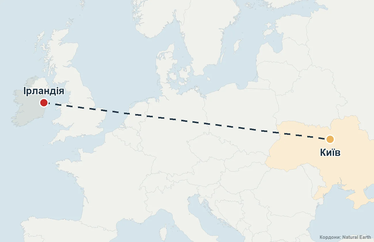 Карта маршруту репатріації з Ірландії до України