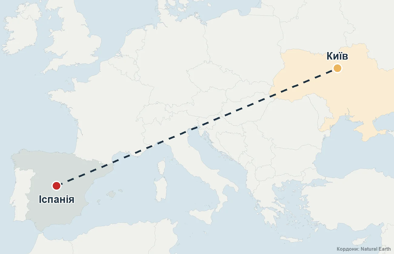 Карта маршруту репатріації з Іспанії до України
