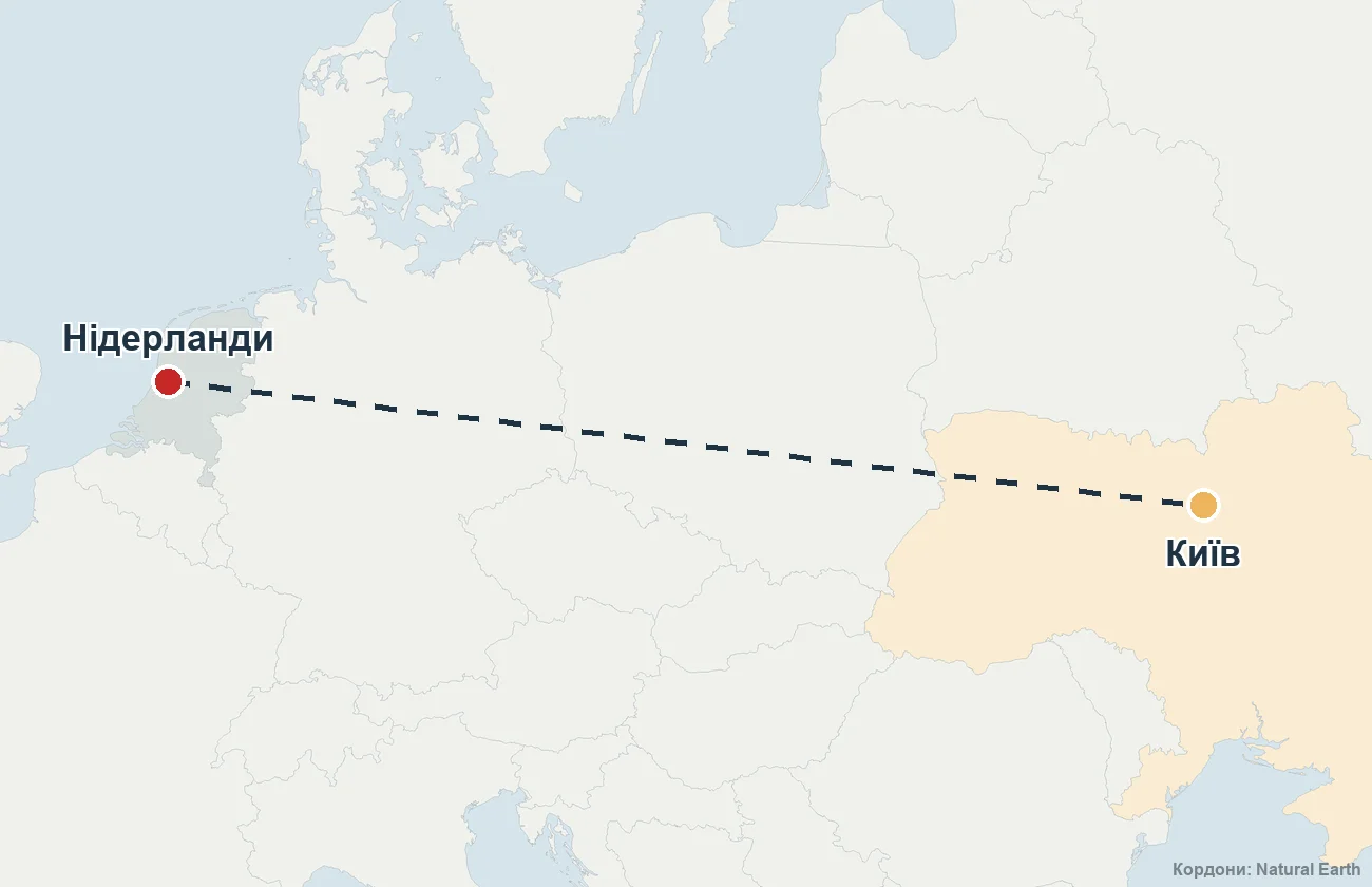 Карта маршруту репатріації з Нідерландів до України