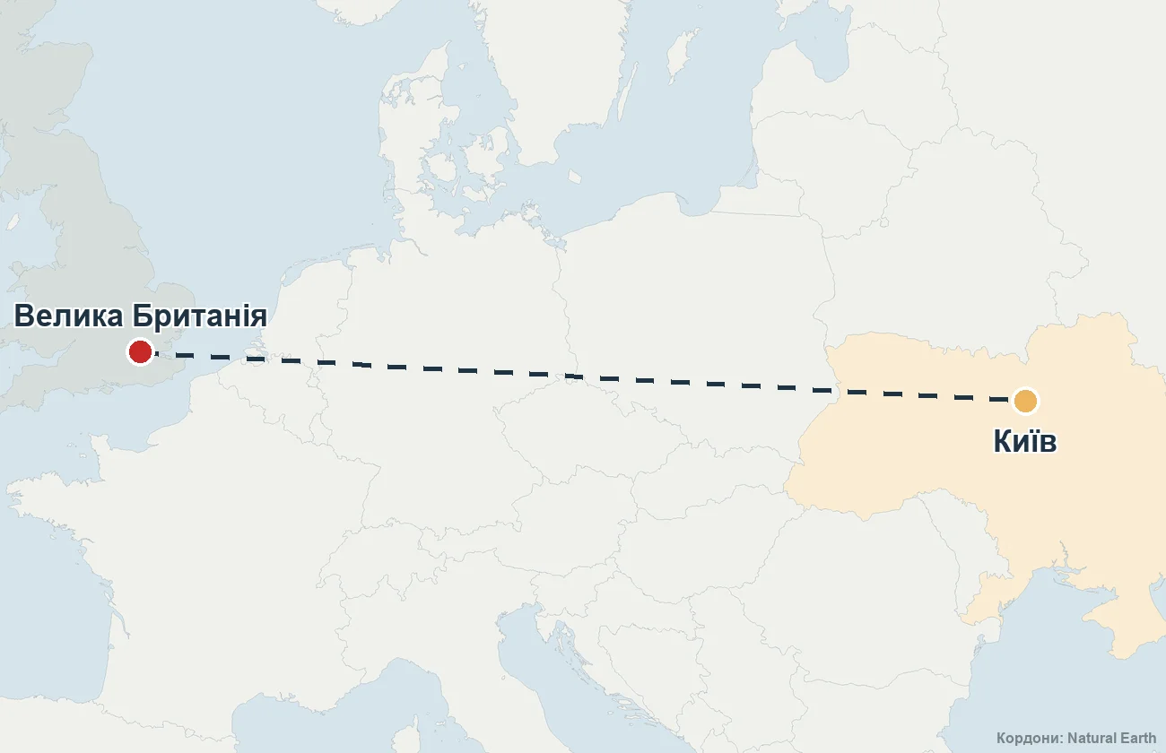 Карта маршруту репатріації з Великої Британії до України