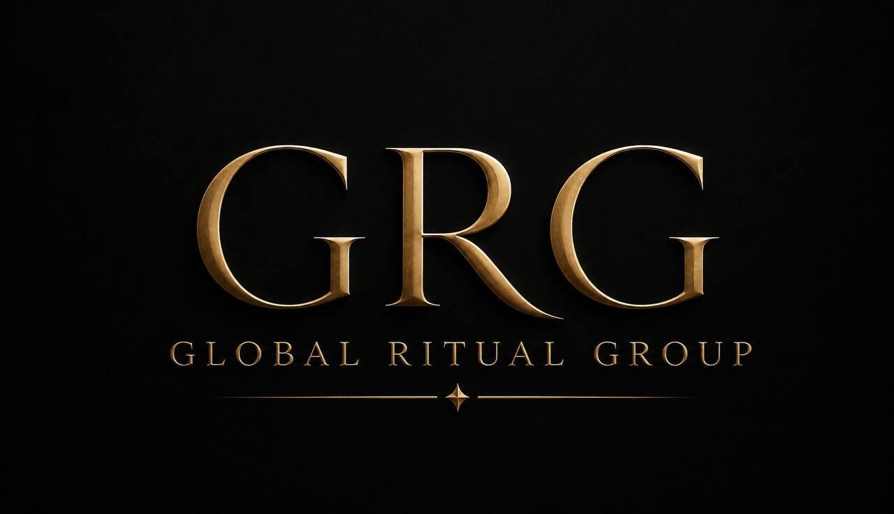Das goldene Logo der GRG Global Ritual Group auf schwarzem Hintergrund
