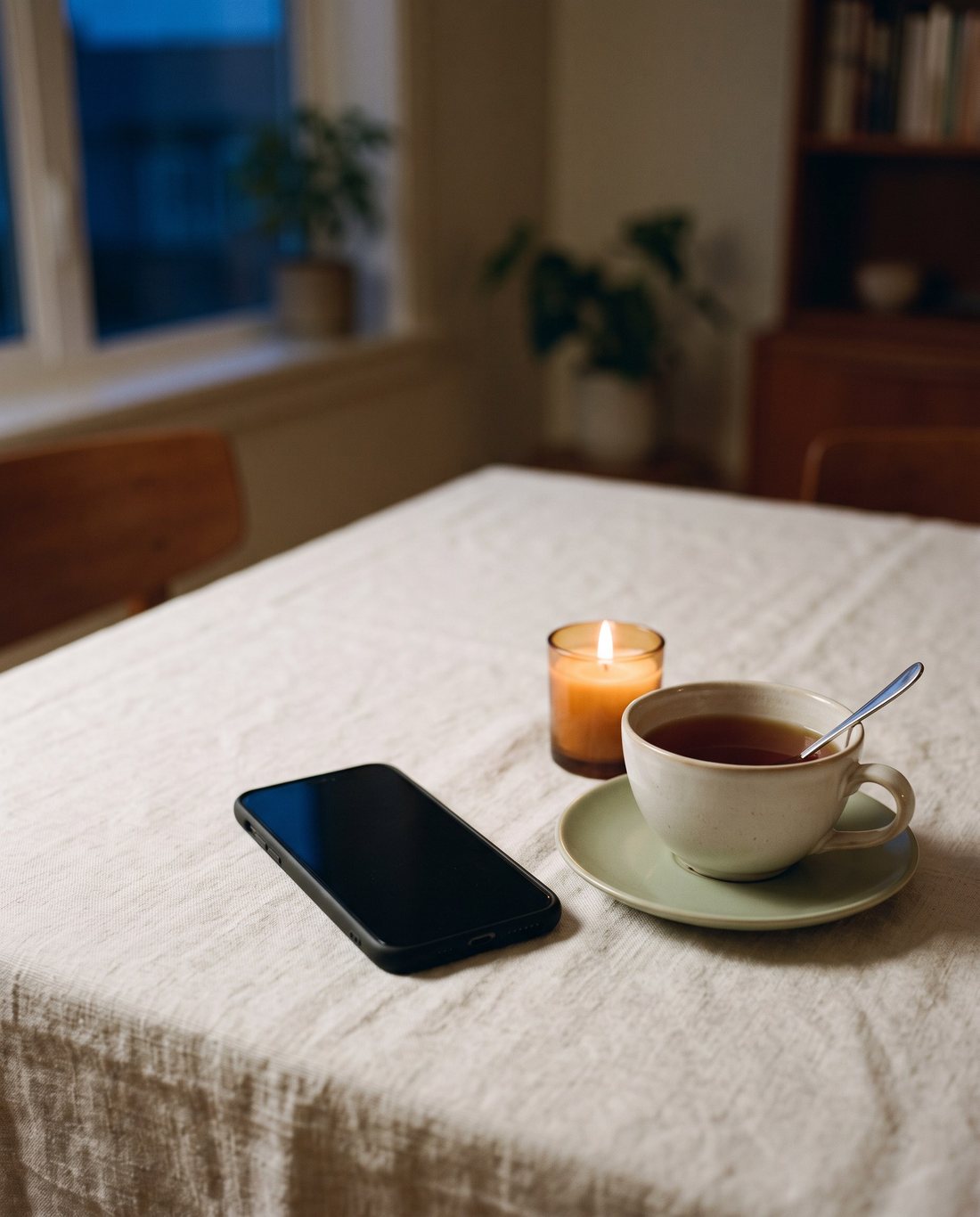Telefon, filiżanka herbaty i świeca na stole