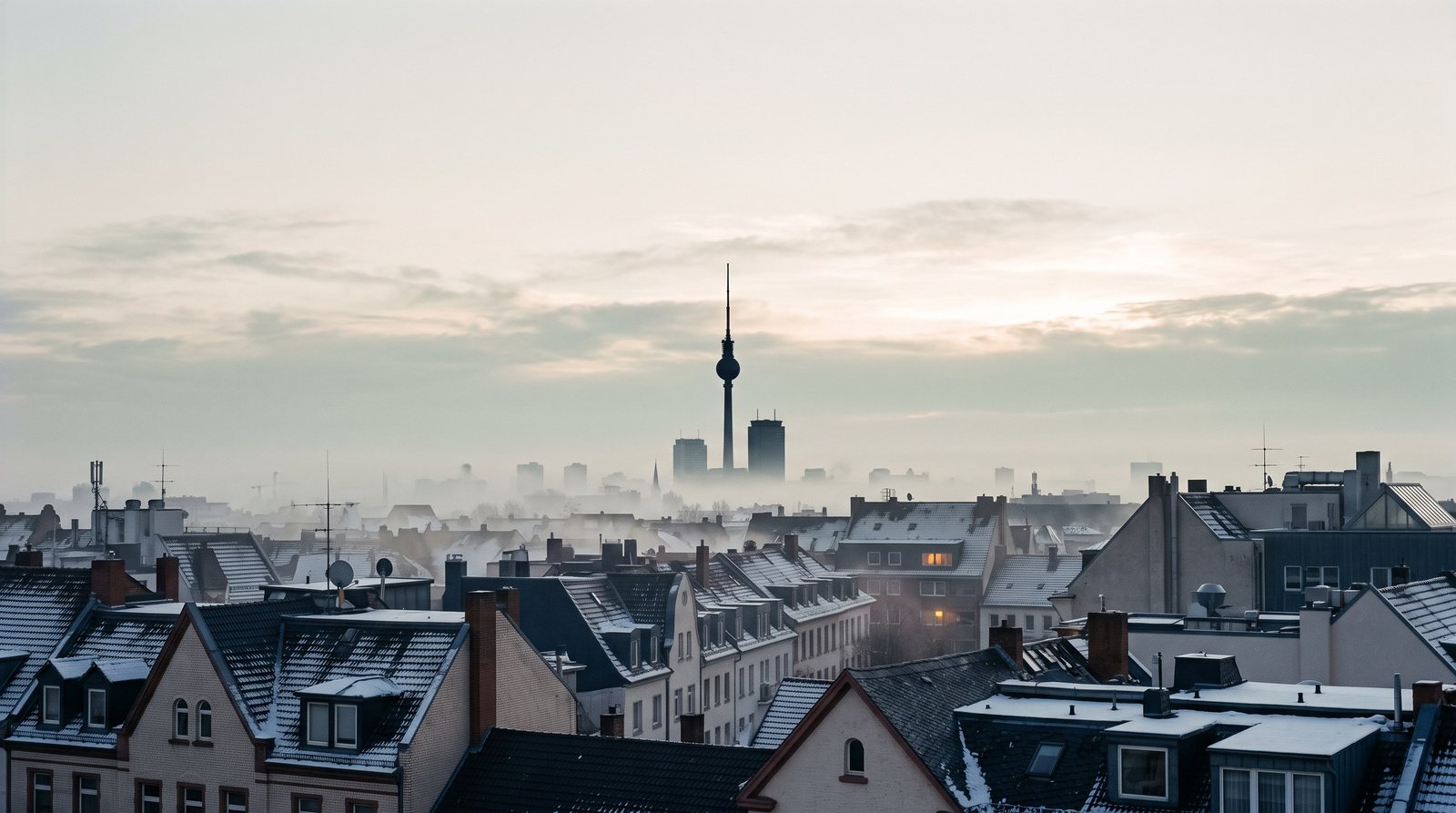 Dächer einer Stadt und ein Fernsehturm in der Ferne, Morgennebel