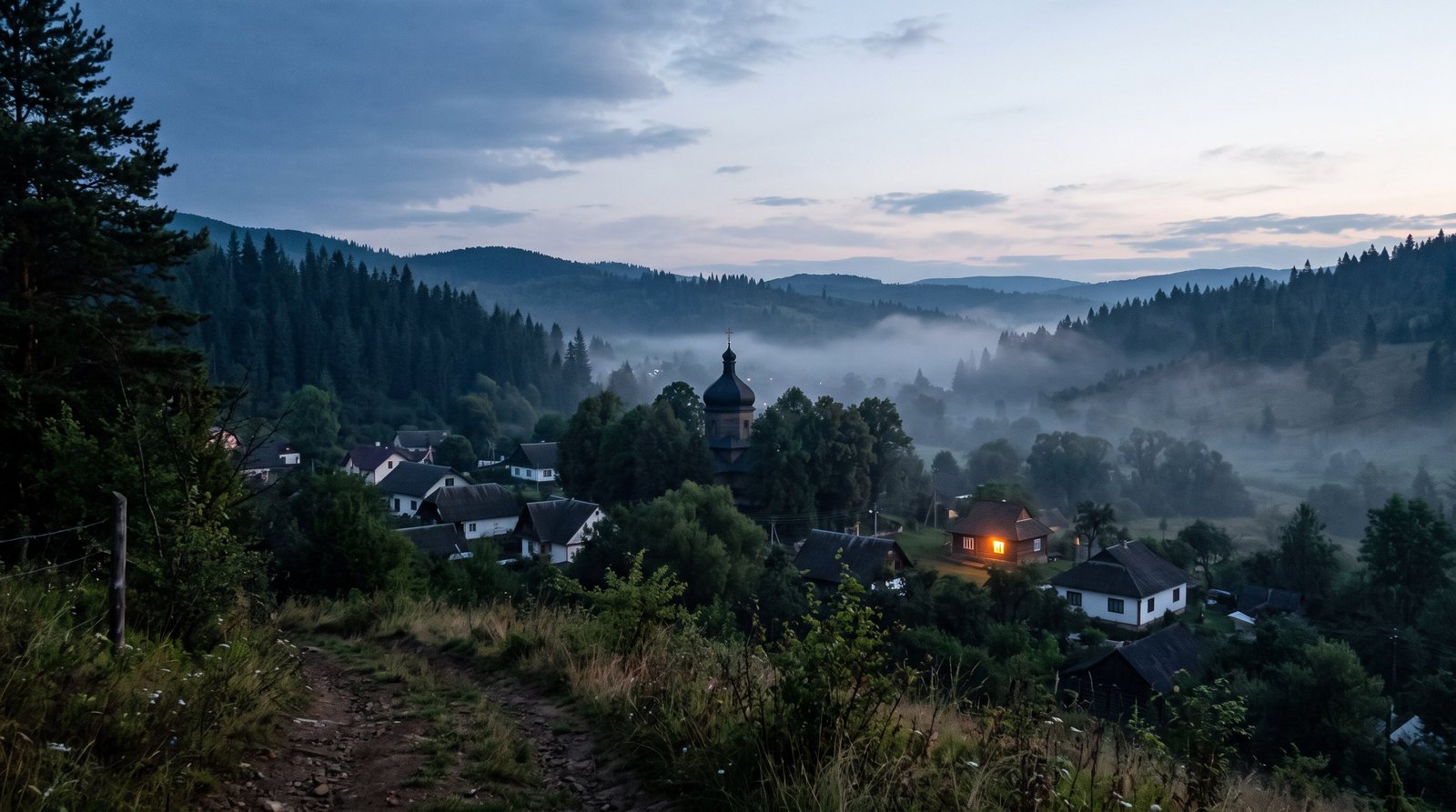 Село в тумані на світанку, світиться одне вікно
