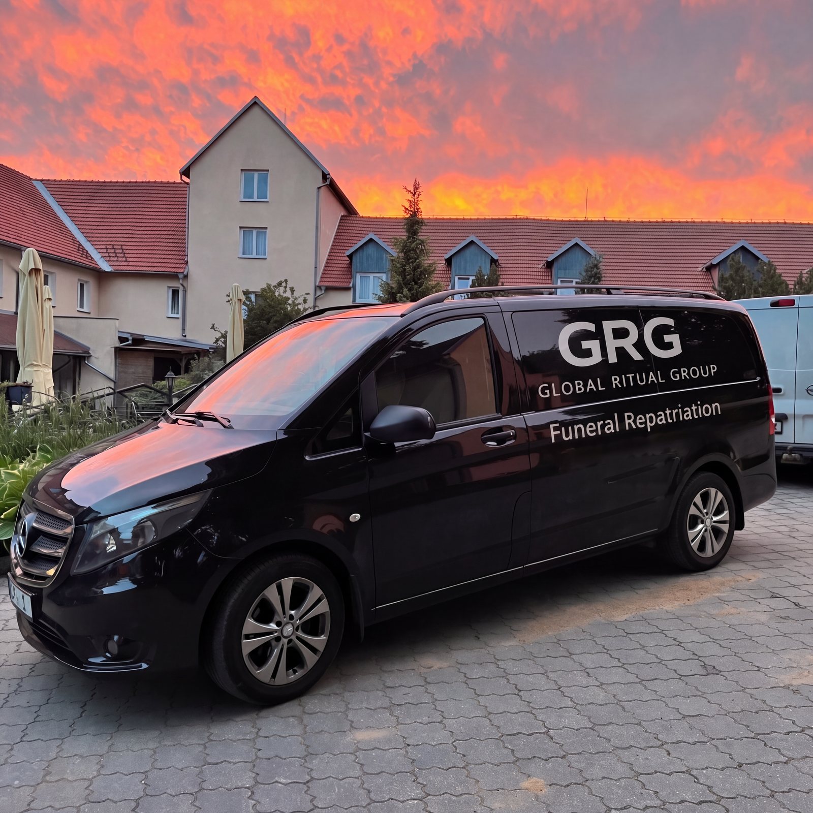 Schwarzer Transporter vor einem Sonnenuntergang